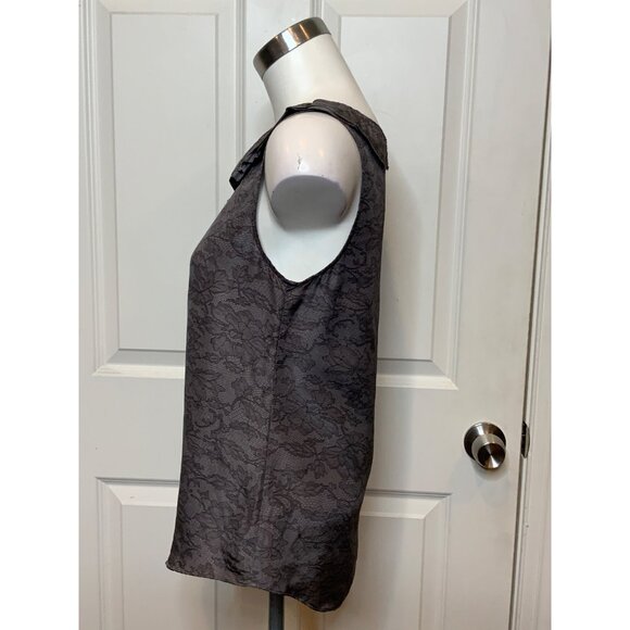 Theory Gray Floral Lace Print Silk Sleeveless Ruffle Top, Size P - Picture 4 of 10